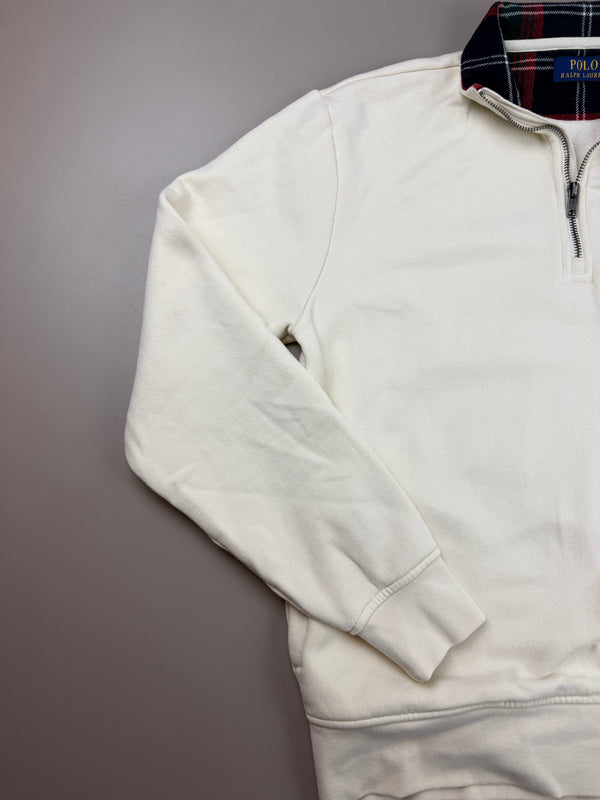 Ralph Lauren Vintage Preppy Half-Zip Sweatshirt - Off-White / Tartan Plaid Collar