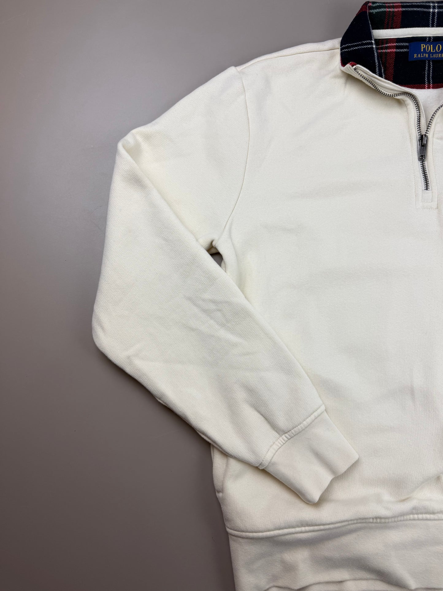 Ralph Lauren Vintage Preppy Half-Zip Sweatshirt - Off-White / Tartan Plaid Collar