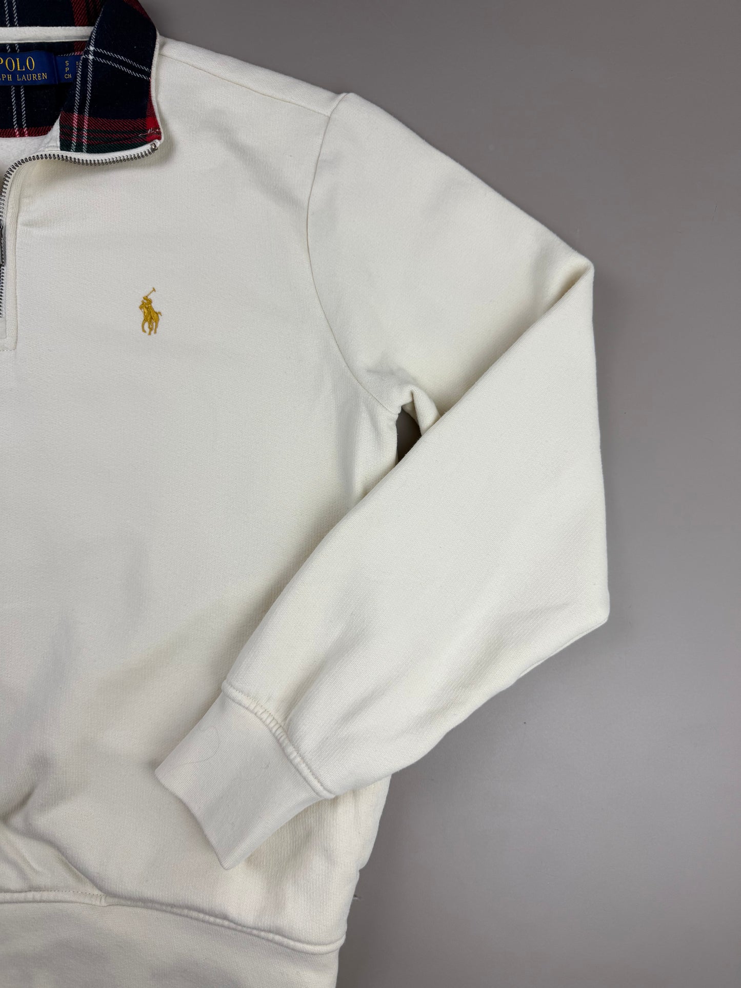 Ralph Lauren Vintage Preppy Half-Zip Sweatshirt - Off-White / Tartan Plaid Collar