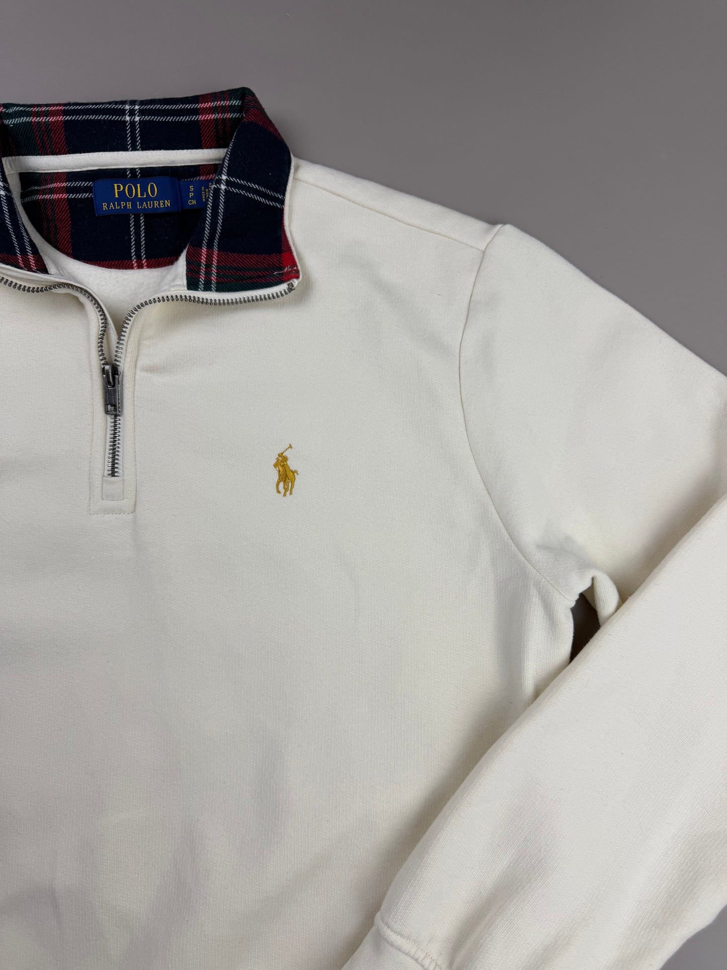 Ralph Lauren Vintage Preppy Half-Zip Sweatshirt - Off-White / Tartan Plaid Collar
