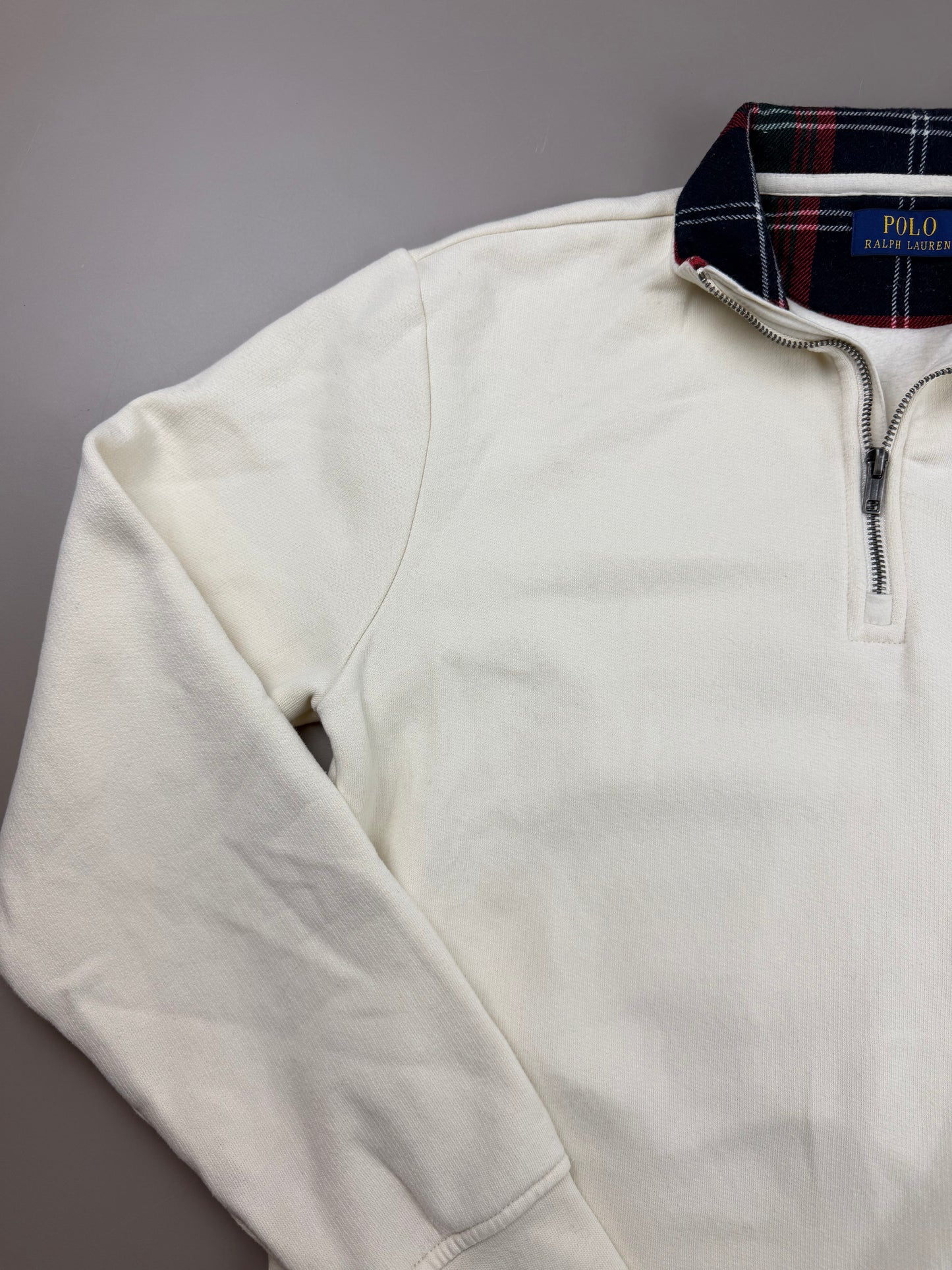 Ralph Lauren Vintage Preppy Half-Zip Sweatshirt - Off-White / Tartan Plaid Collar