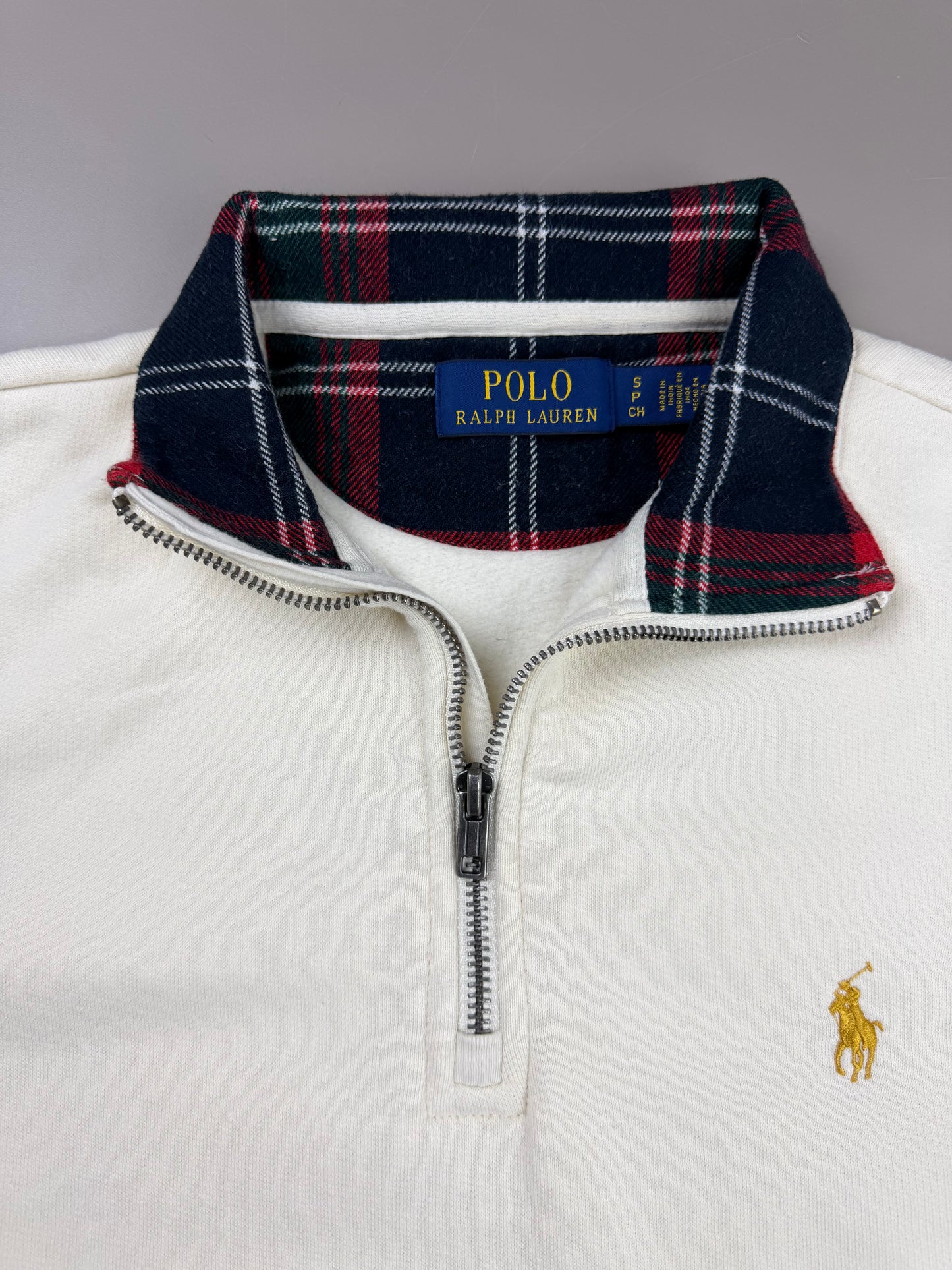 Ralph Lauren Vintage Preppy Half-Zip Sweatshirt - Off-White / Tartan Plaid Collar