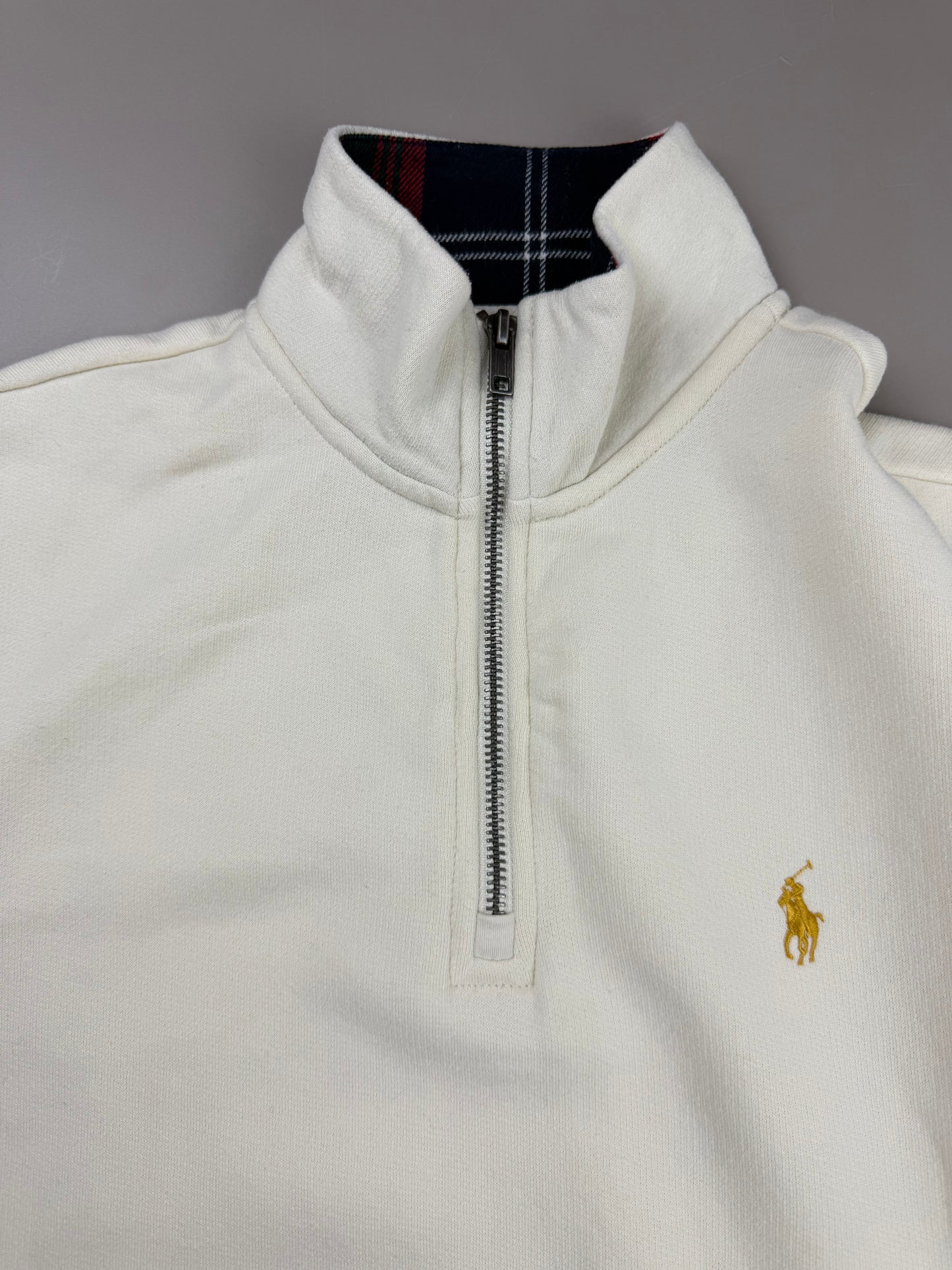 Ralph Lauren Vintage Preppy Half-Zip Sweatshirt - Off-White / Tartan Plaid Collar