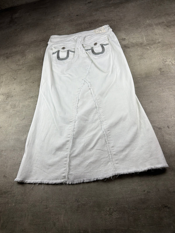 True Religion Y2K Sequin Horseshoe Distressed Maxi Denim Skirt - White / Silver