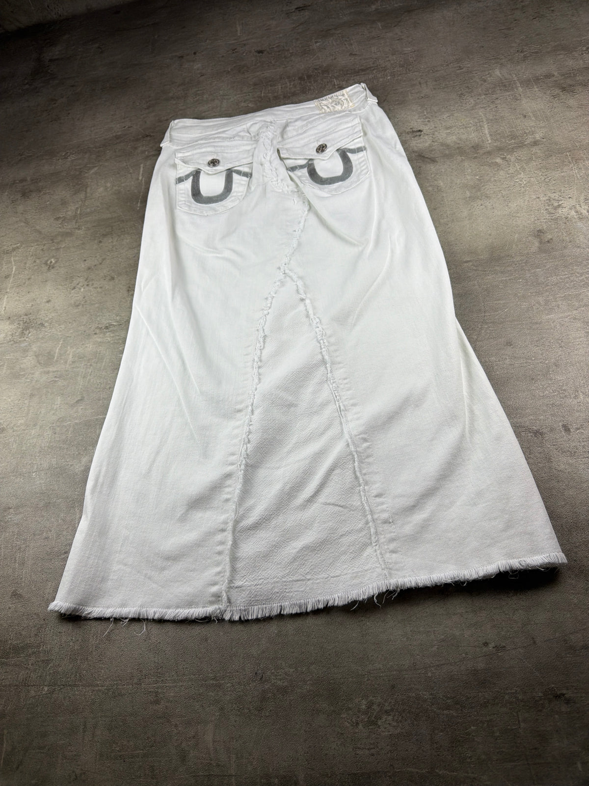 True Religion Y2K Sequin Horseshoe Distressed Maxi Denim Skirt - White / Silver - Past Pieces