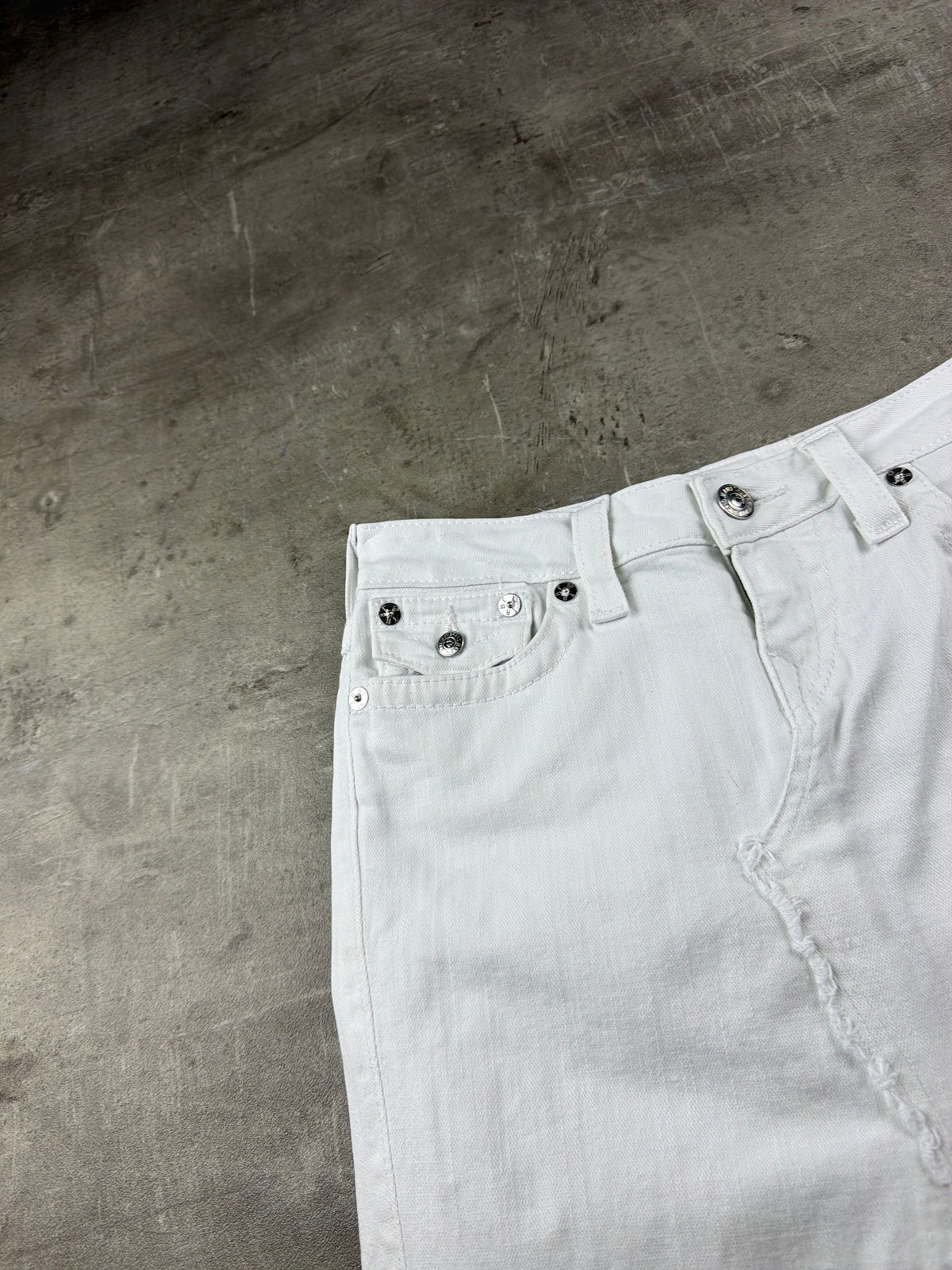True Religion Y2K Sequin Horseshoe Distressed Maxi Denim Skirt - White / Silver - Past Pieces