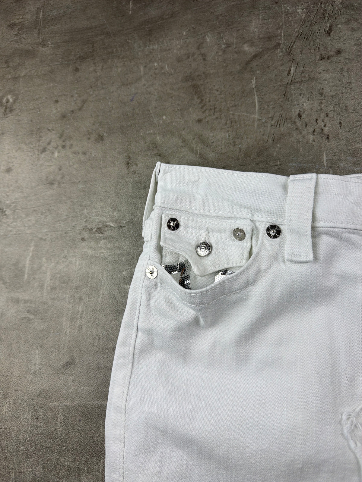 True Religion Y2K Sequin Horseshoe Distressed Maxi Denim Skirt - White / Silver - Past Pieces