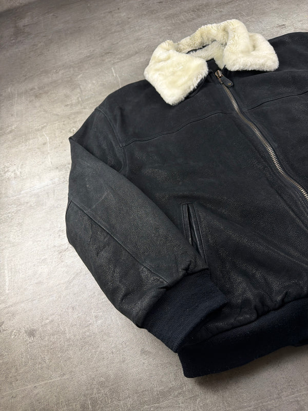 Vintage Leather Shearling Collar Bomber Jacket - Black / Cream Oversized