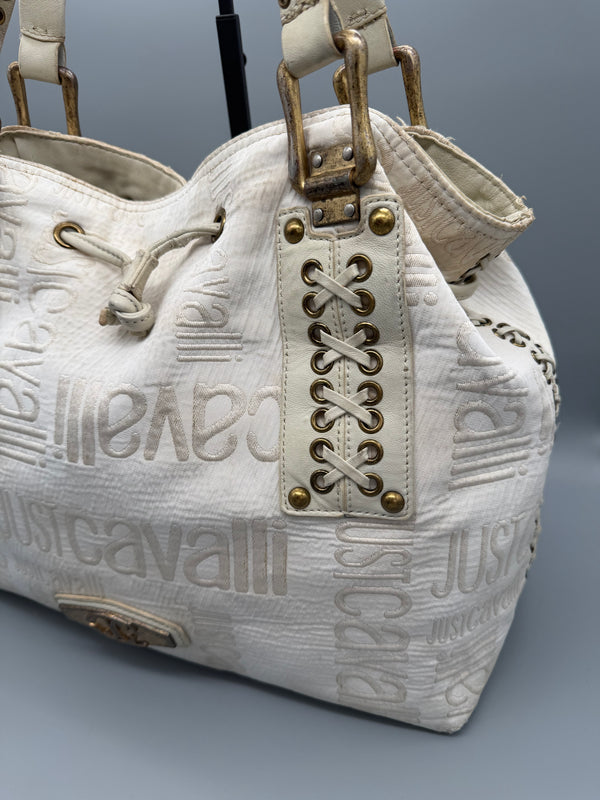 Just Cavalli Archive Monogram Lace-Up Shoulder Bag - Off-White / Cream