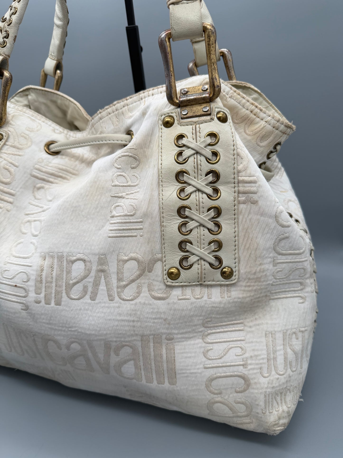 Just Cavalli Archive Monogram Lace-Up Shoulder Bag - Off-White / Cream