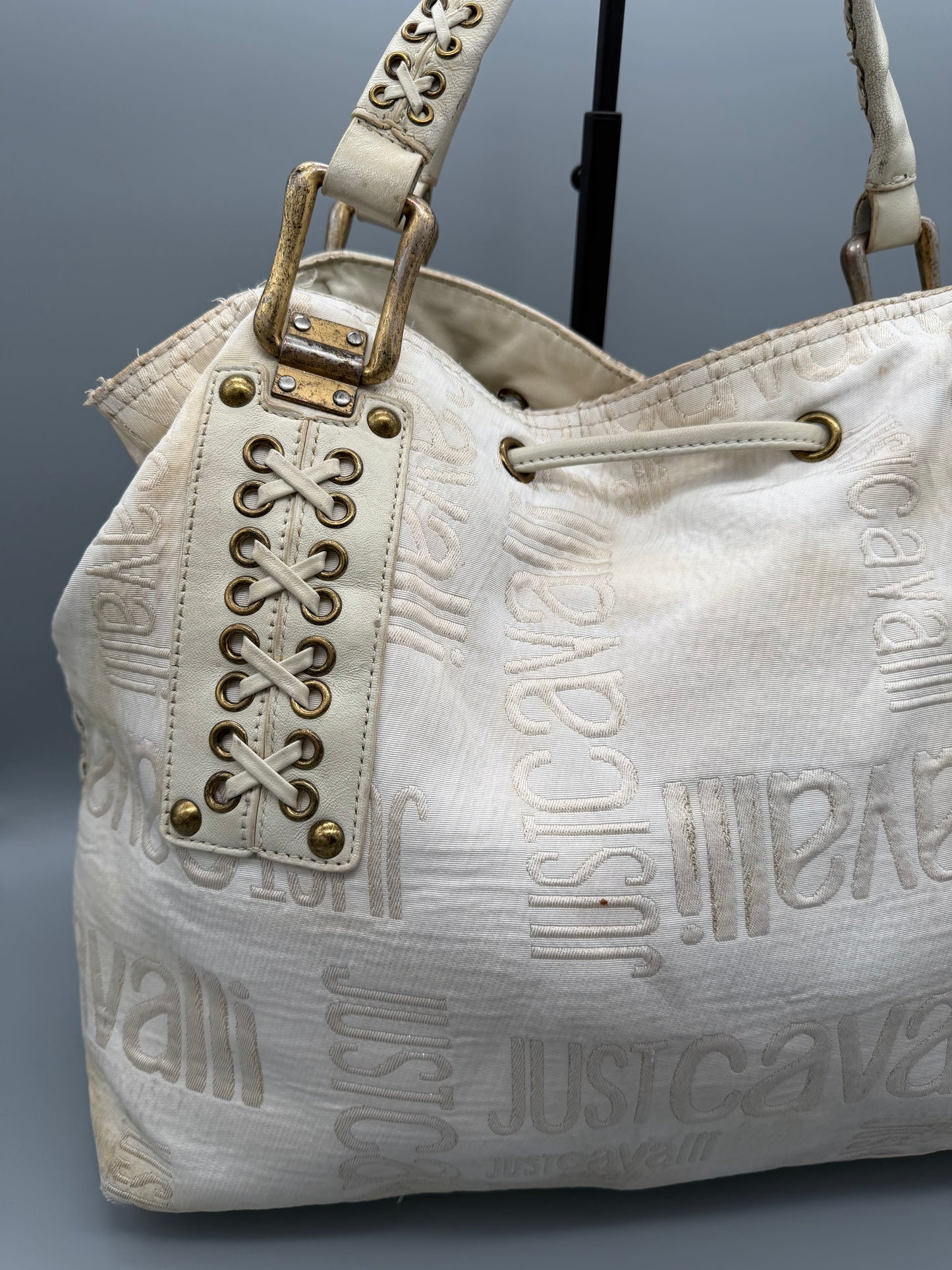 Just Cavalli Archive Monogram Lace-Up Shoulder Bag - Off-White / Cream