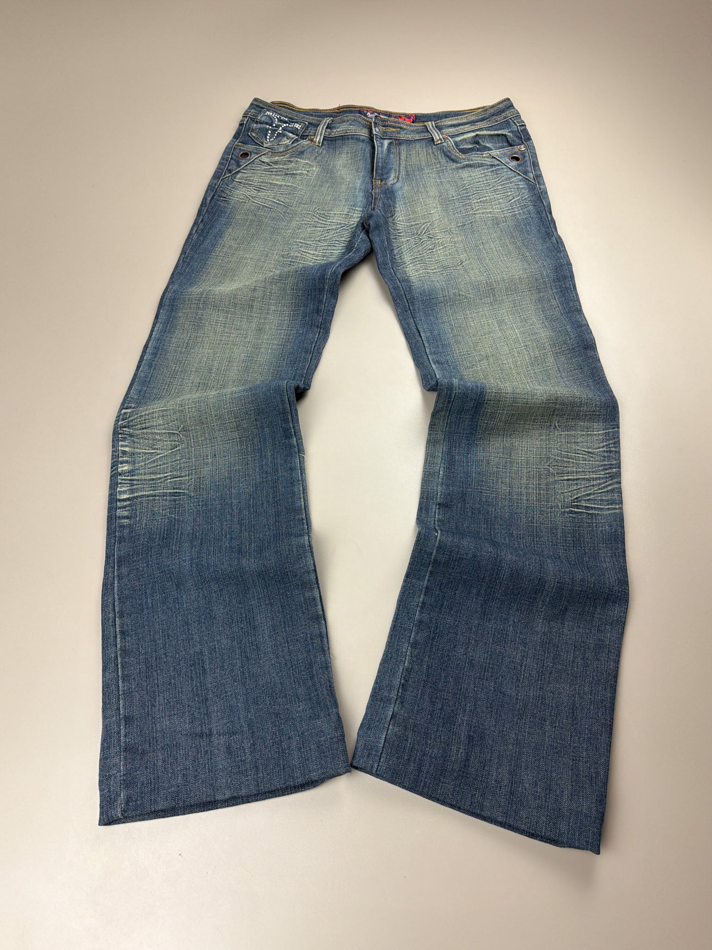 Rossa Miss Jeans "Rhinestone" Flare Denim - Sand Washed Blue