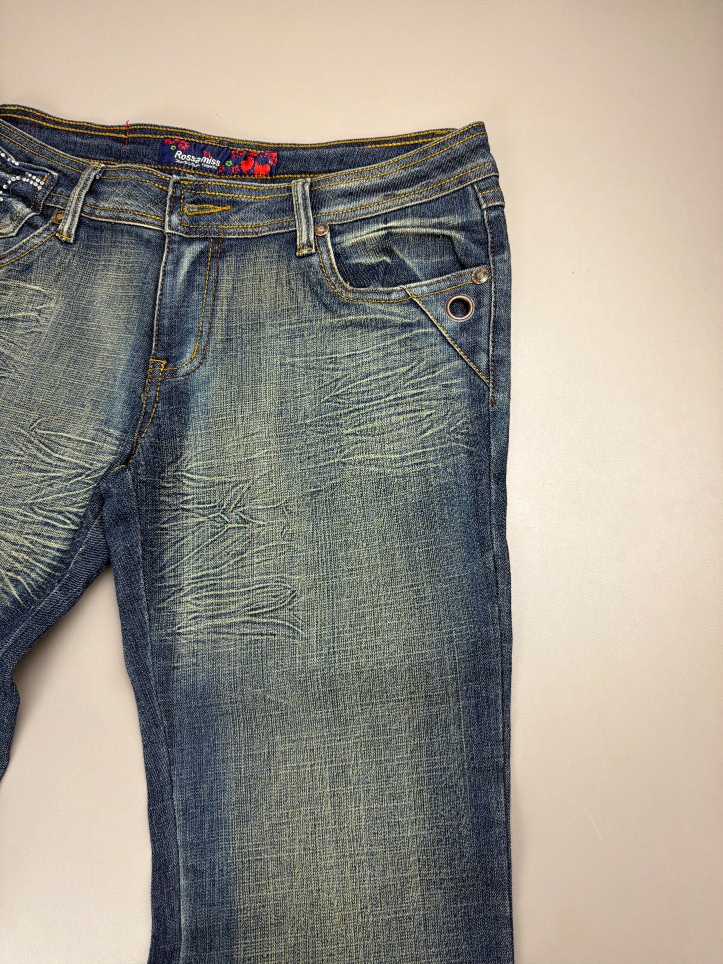 Rossa Miss Jeans "Rhinestone" Flare Denim - Sand Washed Blue