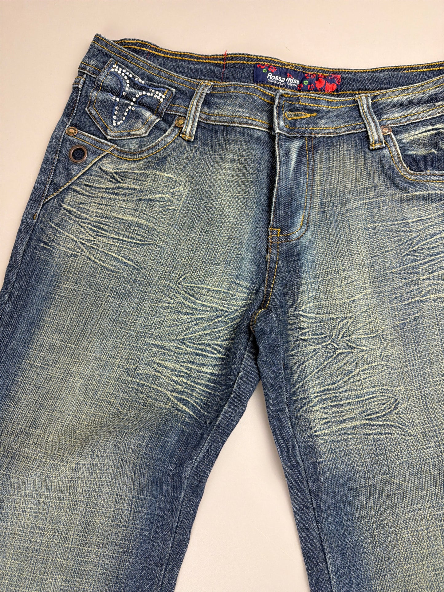Rossa Miss Jeans "Rhinestone" Flare Denim - Sand Washed Blue