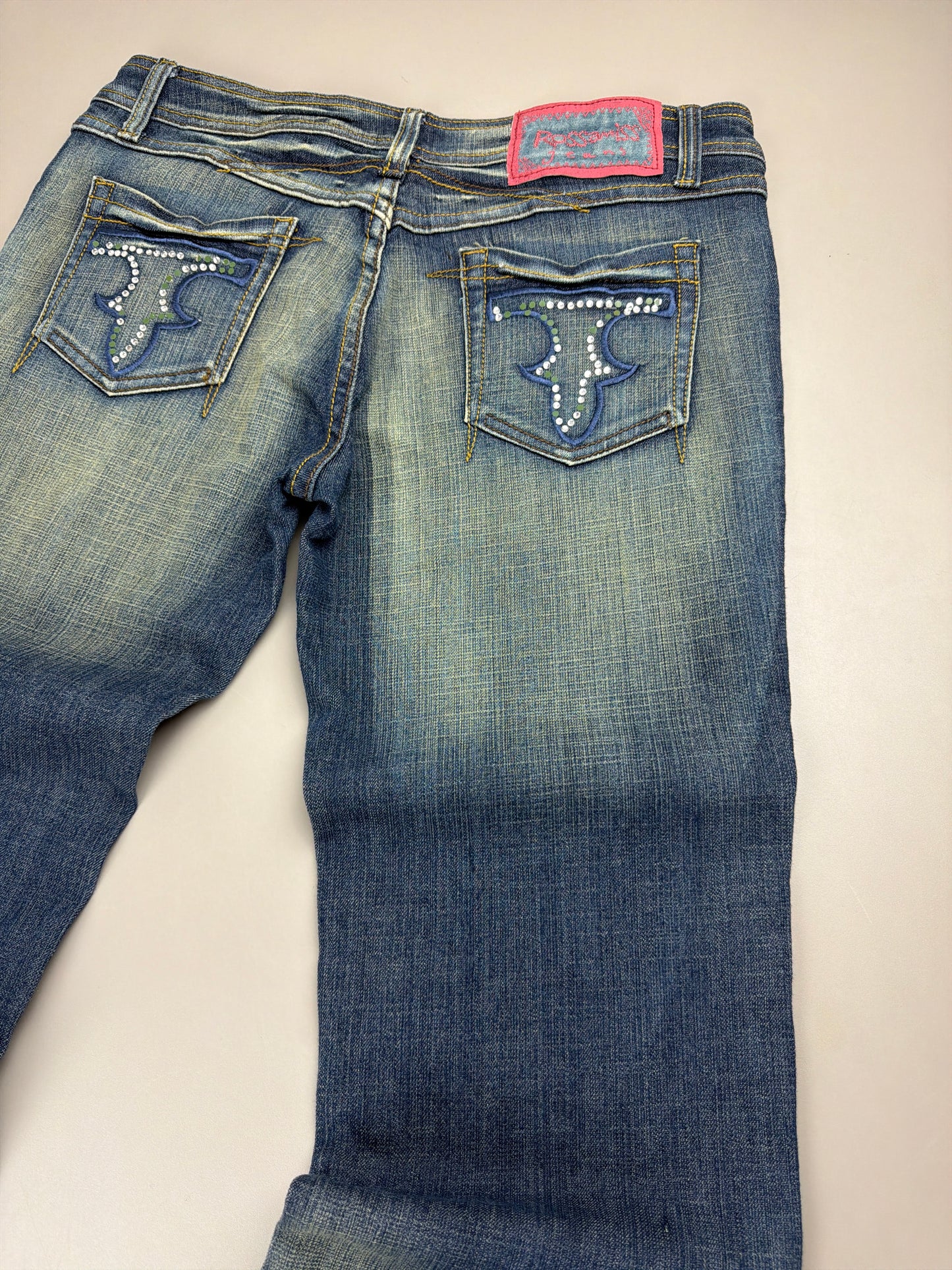 Rossa Miss Jeans "Rhinestone" Flare Denim - Sand Washed Blue