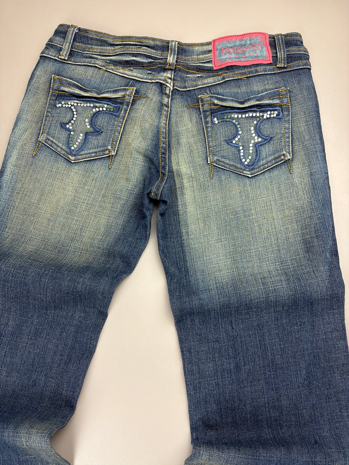 Rossa Miss Jeans "Rhinestone" Flare Denim - Sand Washed Blue
