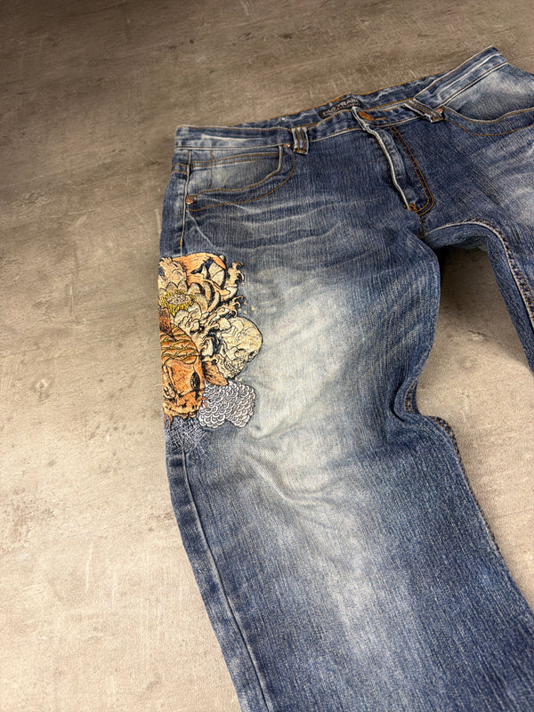 Oniarai Archive "Koi Skull" Tattoo Print Denim – Japanese Cyber