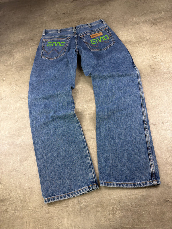 Wrangler "Texas 1947" Custom EMO Graphic Denim - Neon Green Cyber Blue