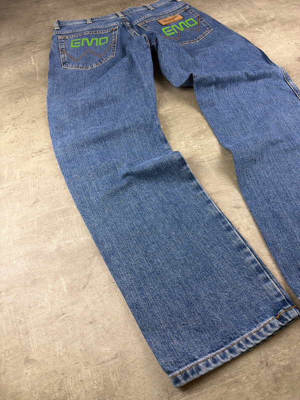 Wrangler "Texas 1947" Custom EMO Graphic Denim - Neon Green Cyber Blue
