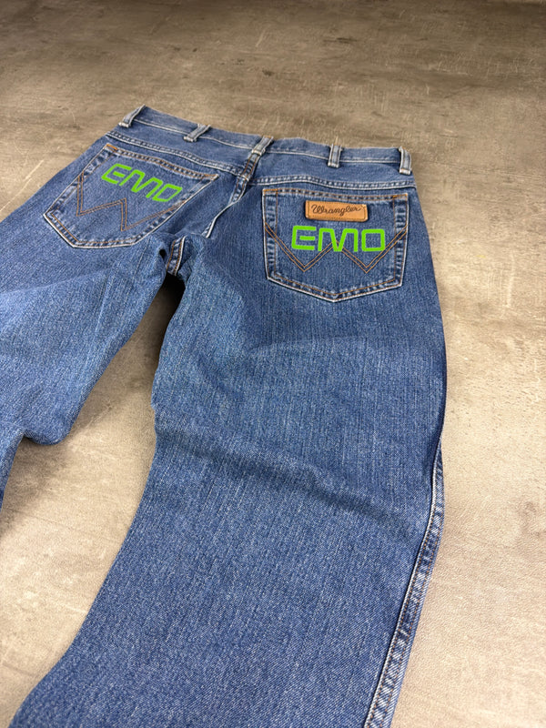 Wrangler "Texas 1947" Custom EMO Graphic Denim - Neon Green Cyber Blue