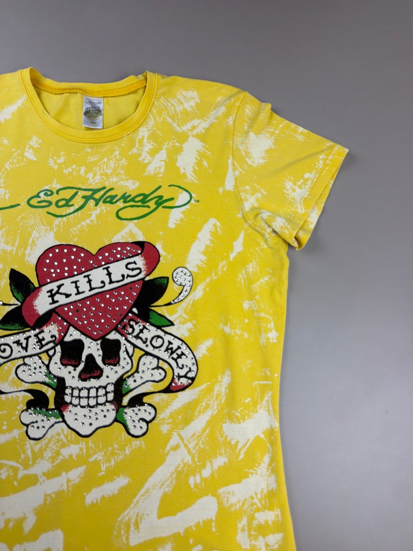 Ed Hardy Vintage "Love Kills Slowly" Graphic Tee - Yellow Wash / Cyber Y2K