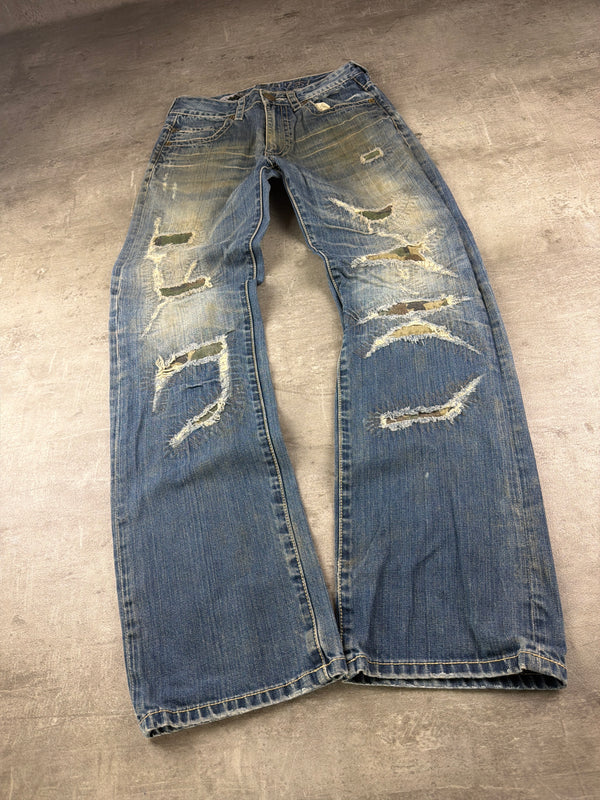 Osaka Big Train Archive "Great Wave" Distressed Denim - Camo Patchwork Blue