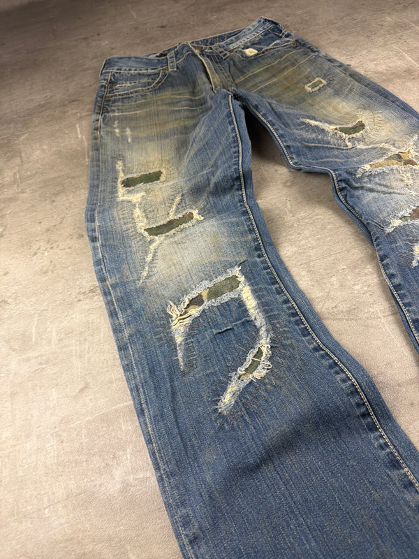 Osaka Big Train Archive "Great Wave" Distressed Denim - Camo Patchwork Blue
