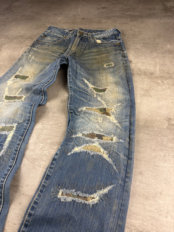 Osaka Big Train Archive "Great Wave" Distressed Denim - Camo Patchwork Blue
