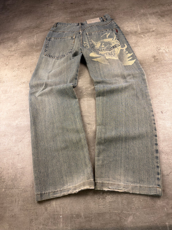 Sheng Yue Han "Oni Mask" Graphic Jeans - Baggy Light Wash