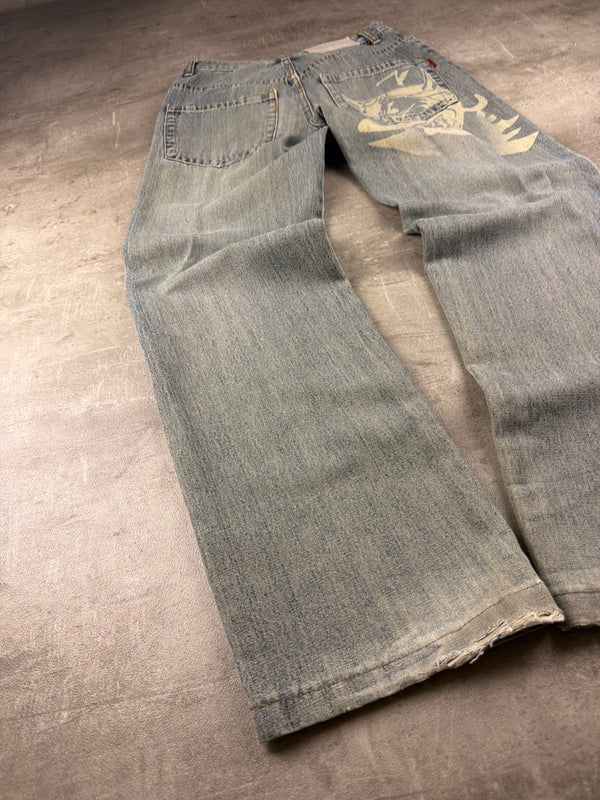 Sheng Yue Han "Oni Mask" Graphic Jeans - Baggy Light Wash