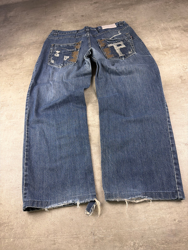 Xight "Cyber-P" Distressed Baggy Jeans – Faded Blue Grunge