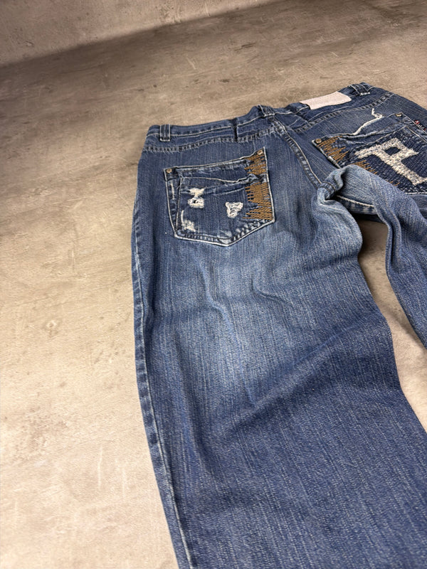 Xight "Cyber-P" Distressed Baggy Jeans – Faded Blue Grunge