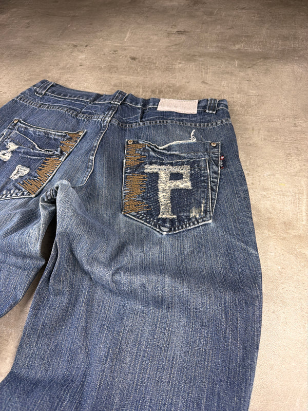 Xight "Cyber-P" Distressed Baggy Jeans – Faded Blue Grunge