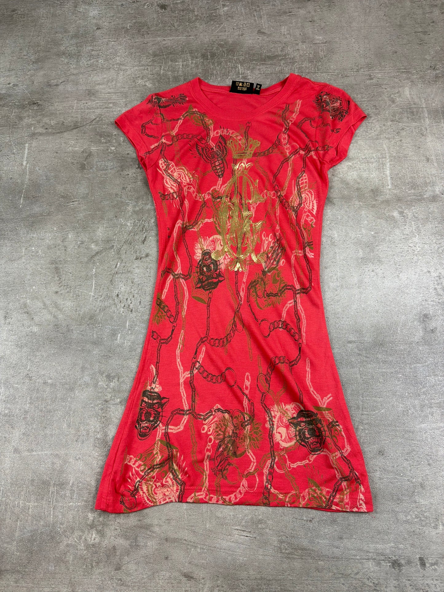 Christian Audigier Archive "Crown & Panther" Graphic Mini Dress / Longshirt - Red / Gold