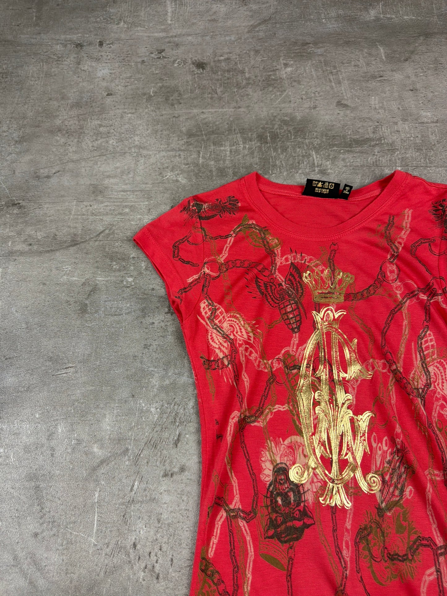 Christian Audigier Archive "Crown & Panther" Graphic Mini Dress / Longshirt - Red / Gold