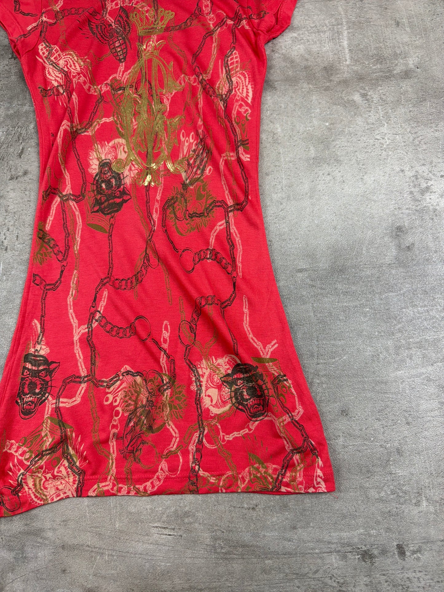 Christian Audigier Archive "Crown & Panther" Graphic Mini Dress / Longshirt - Red / Gold