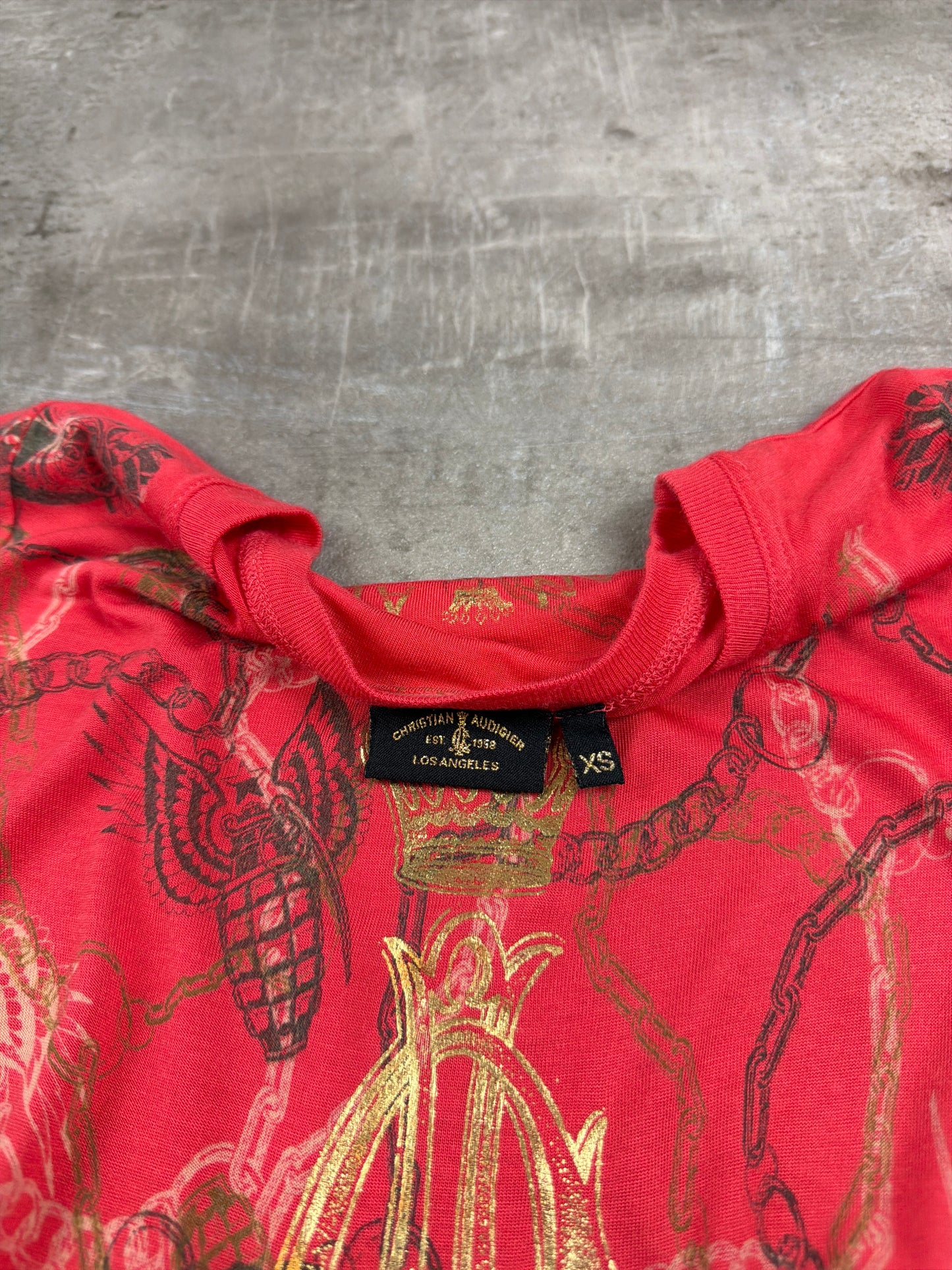 Christian Audigier Archive "Crown & Panther" Graphic Mini Dress / Longshirt - Red / Gold