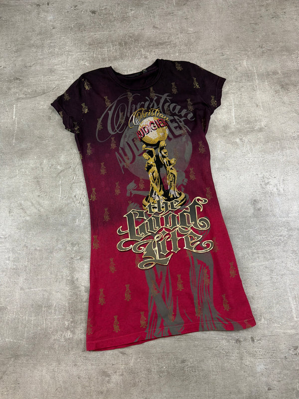 Christian Audigier "The Good Life" Rhinestone Graphic Tee - Burgundy / Multicolor