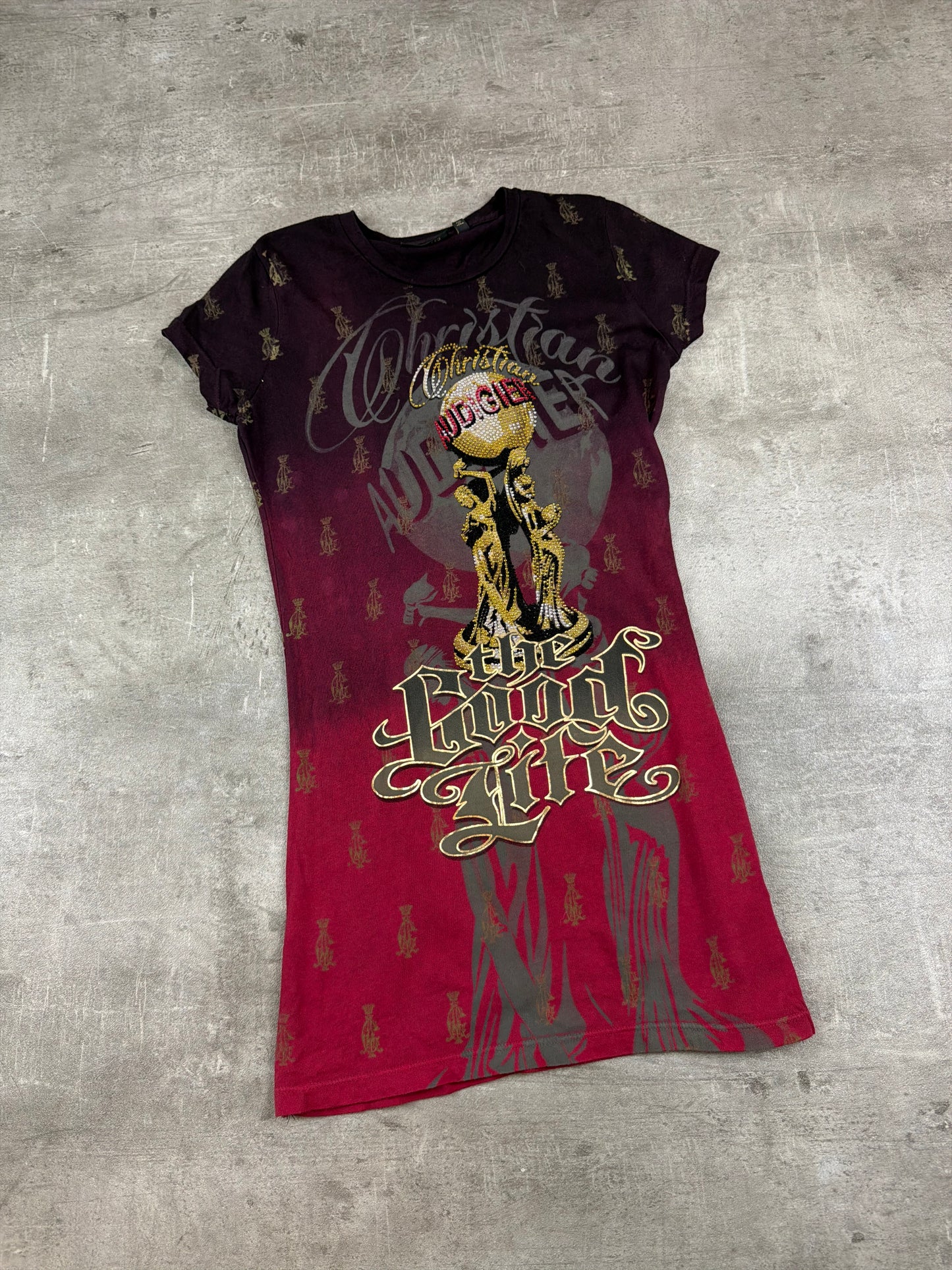 Christian Audigier "The Good Life" Rhinestone Graphic Tee - Burgundy / Multicolor