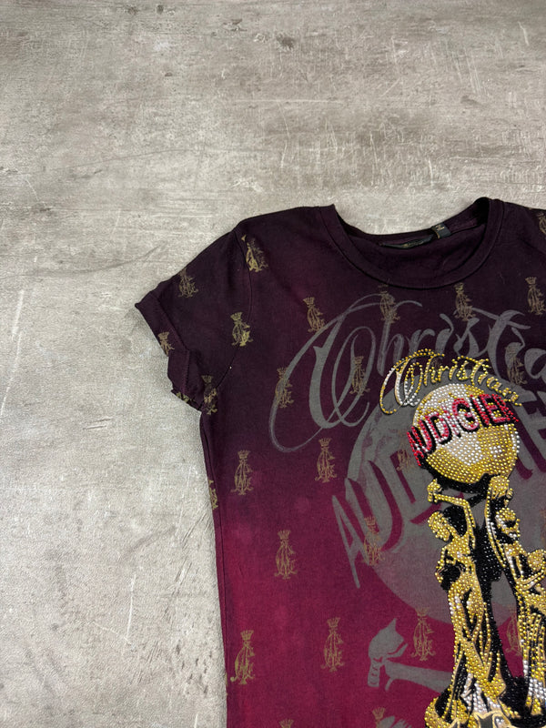 Christian Audigier "The Good Life" Rhinestone Graphic Tee - Burgundy / Multicolor