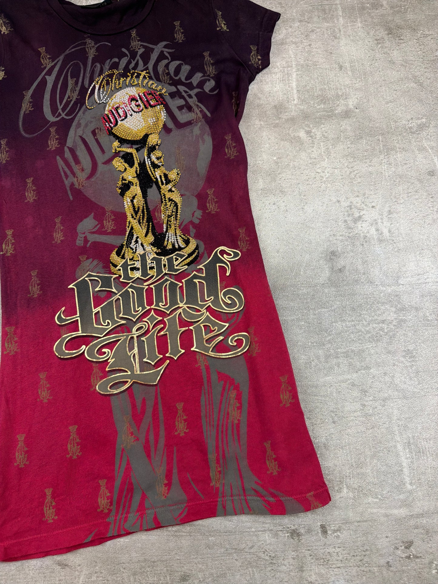 Christian Audigier "The Good Life" Rhinestone Graphic Tee - Burgundy / Multicolor