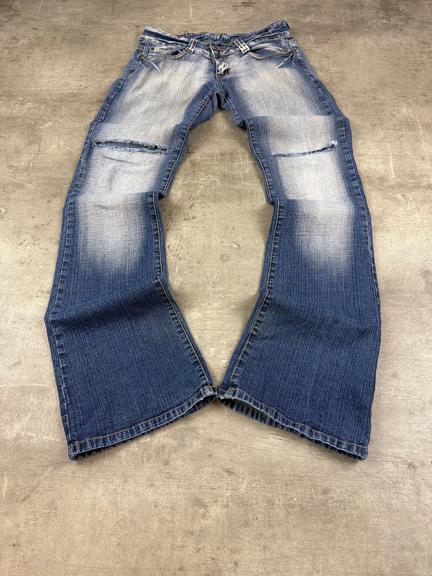 Crazy Age Vintage Low Waist Distressed Tribal Print Flare Jeans - Faded Blue
