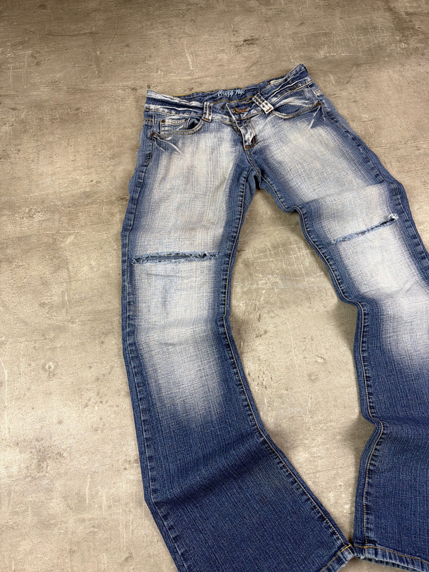 Crazy Age Vintage Low Waist Distressed Tribal Print Flare Jeans - Faded Blue