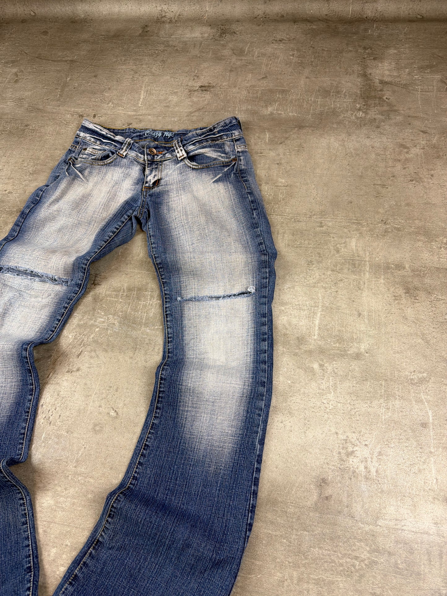 Crazy Age Vintage Low Waist Distressed Tribal Print Flare Jeans - Faded Blue