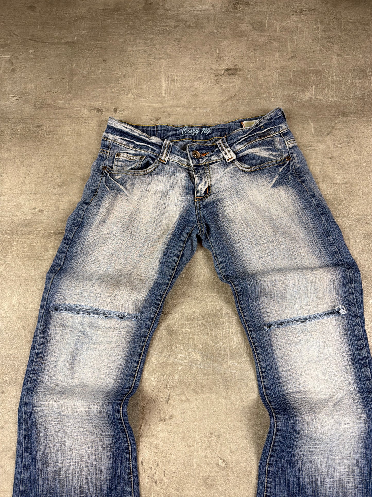 Crazy Age Vintage Low Waist Distressed Tribal Print Flare Jeans - Faded Blue