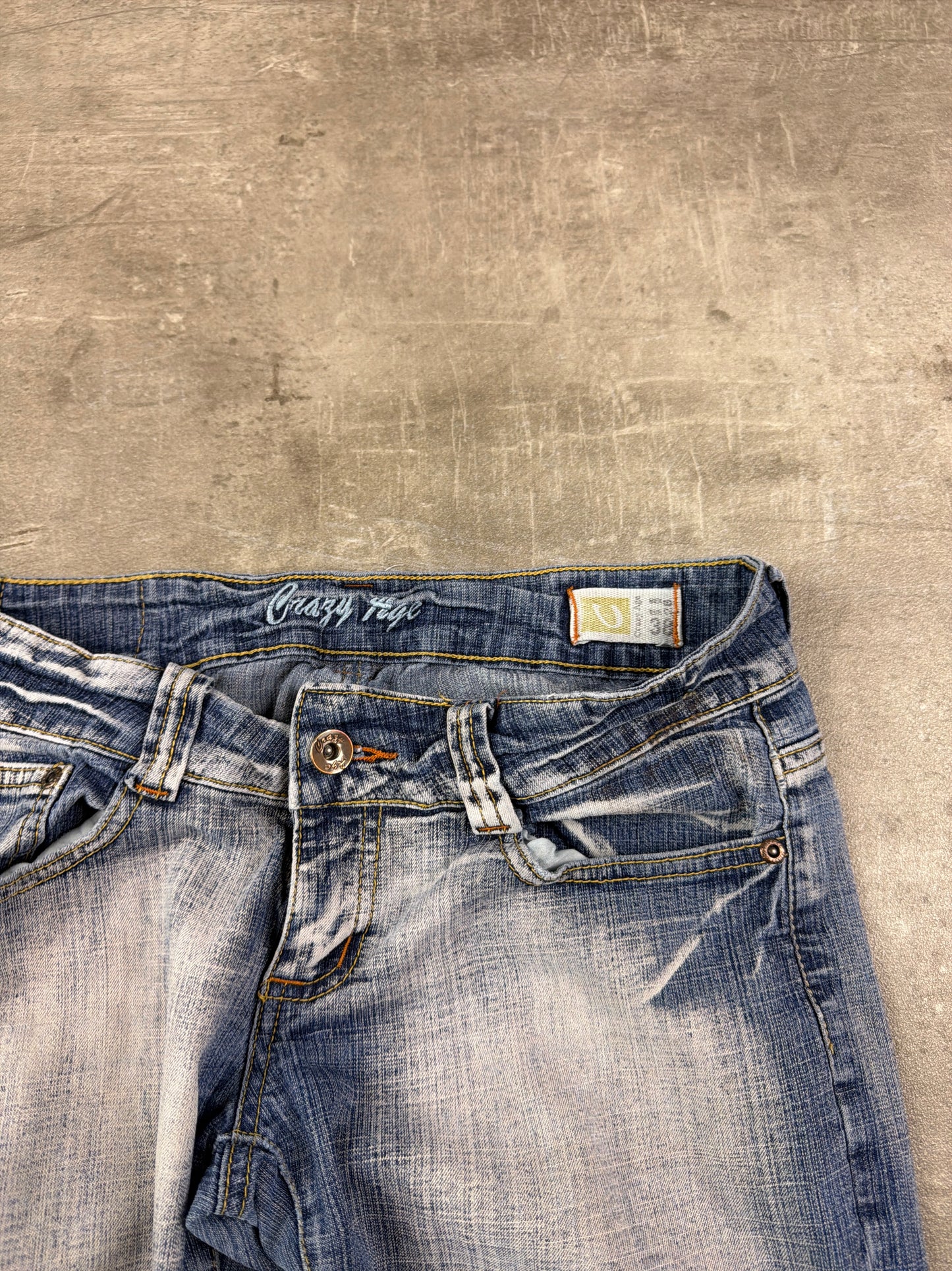 Crazy Age Vintage Low Waist Distressed Tribal Print Flare Jeans - Faded Blue