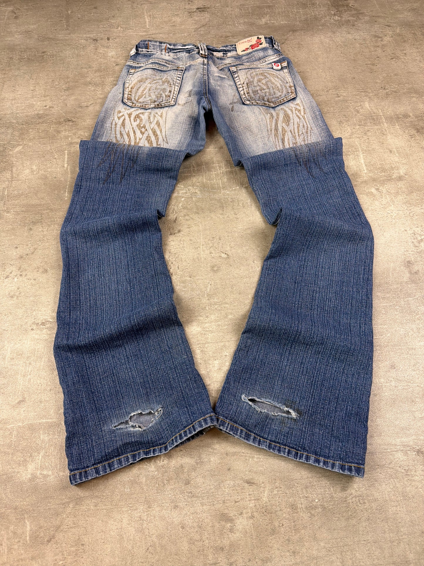 Crazy Age Vintage Low Waist Distressed Tribal Print Flare Jeans - Faded Blue