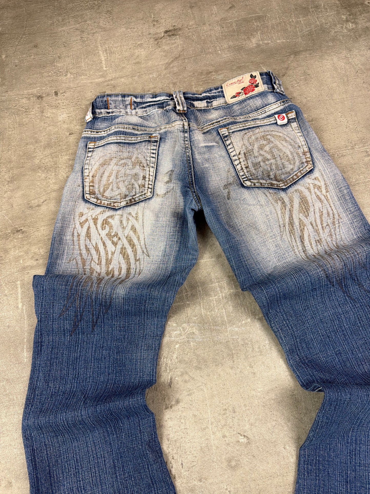 Crazy Age Vintage Low Waist Distressed Tribal Print Flare Jeans - Faded Blue