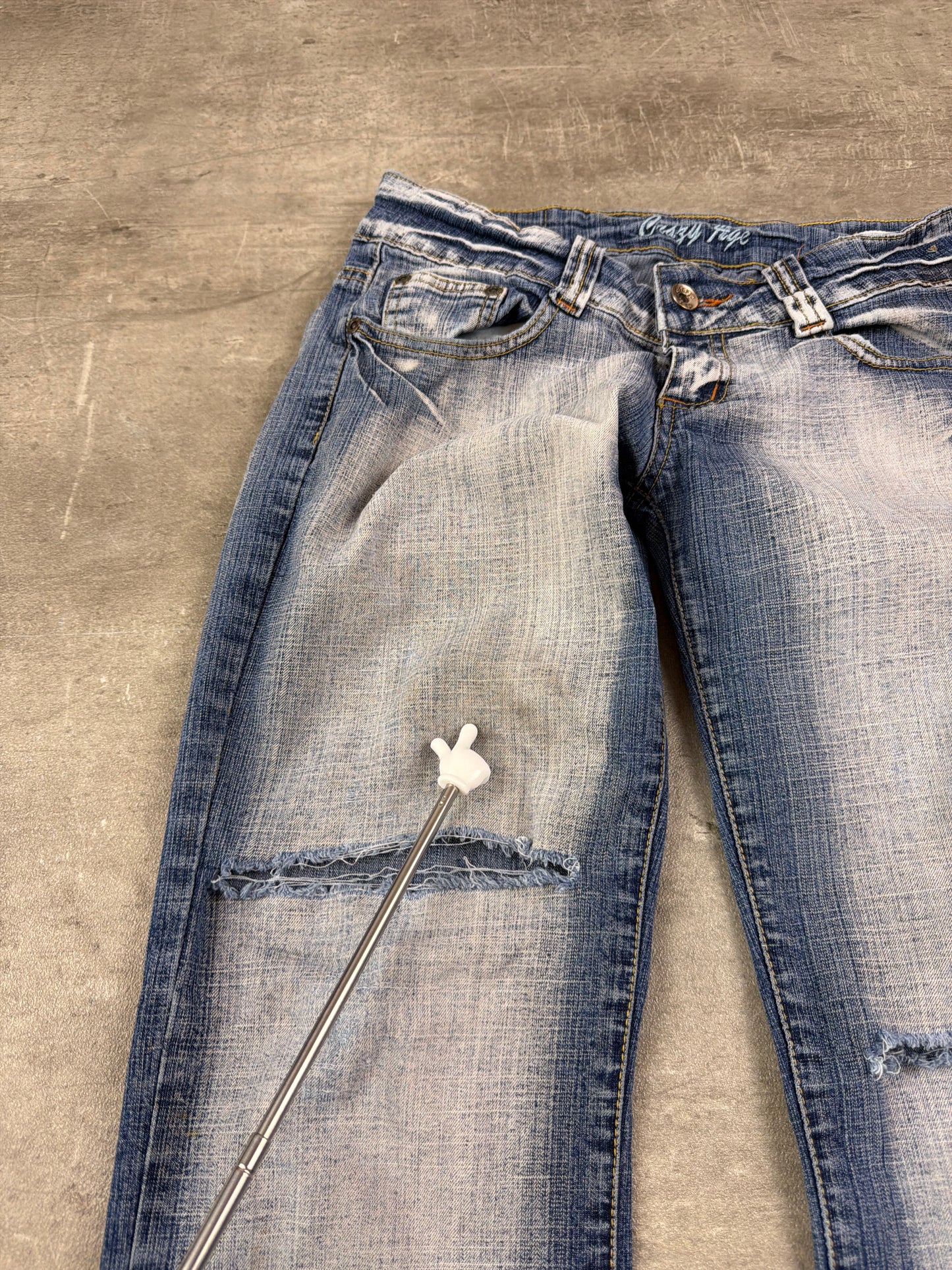 Crazy Age Vintage Low Waist Distressed Tribal Print Flare Jeans - Faded Blue