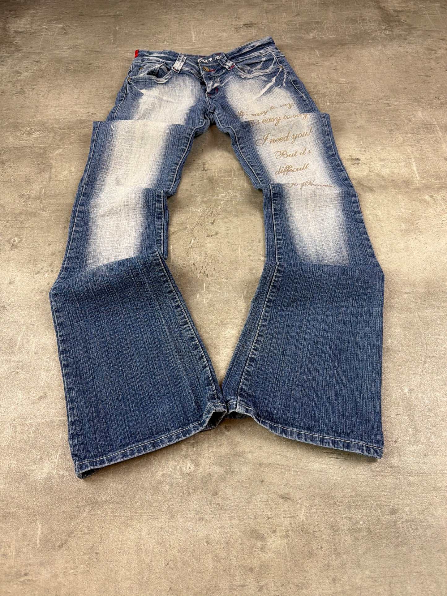 Crazy Age Y2K Statement Print Low Waist Flare Denim - Bleached Blue